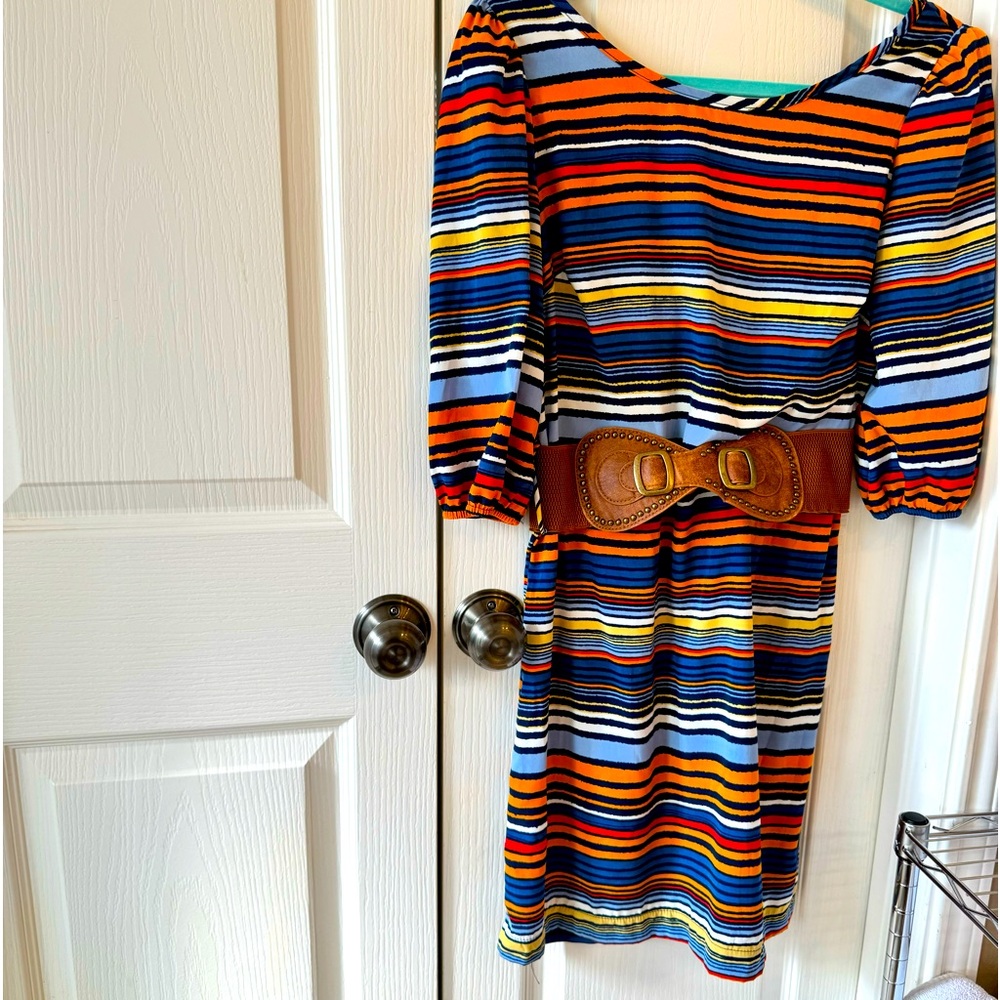 Colorful striped quarter length sleeve dress with belt. Size 4 or small